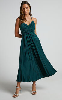 Zayla Midi Dress - Plisse Twist Front Dress in Emerald