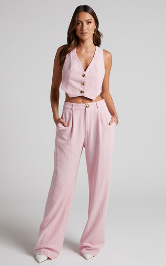 Larissa Trousers - Linen Mid Waisted Relaxed Straight Leg Trousers in Musk