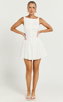 Zhai Mini Dress - High Neck Button Through Dress in Ivory