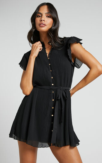 Kerray Mini Dress - Button Up Short Sleeve Tie Waist Dress in Black