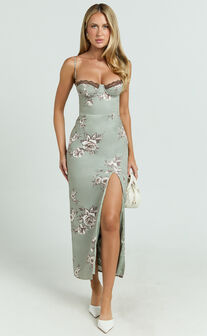 Benson Midi Dress - Sweetheart Neck Bustier Bodycon Dress in Botanical Bliss