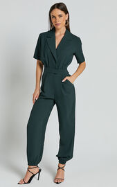 Coco Jumpsuit - Collared Short Sleeve Straight Leg Jumpsuit in Forest ...