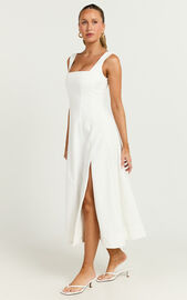Walters Midi Dress - Square Neck Shirred Back Fit and Flare Panel Dress in White | Showpo