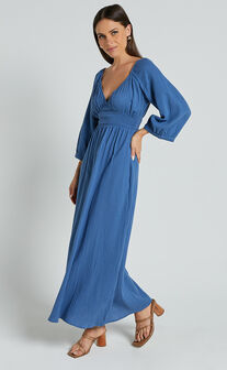 Anya Midi Dress - V Neck Long Sleeve Dress in Blue