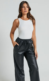 Leah Pants - High Waist Drawstring Faux Leather Pants in Black