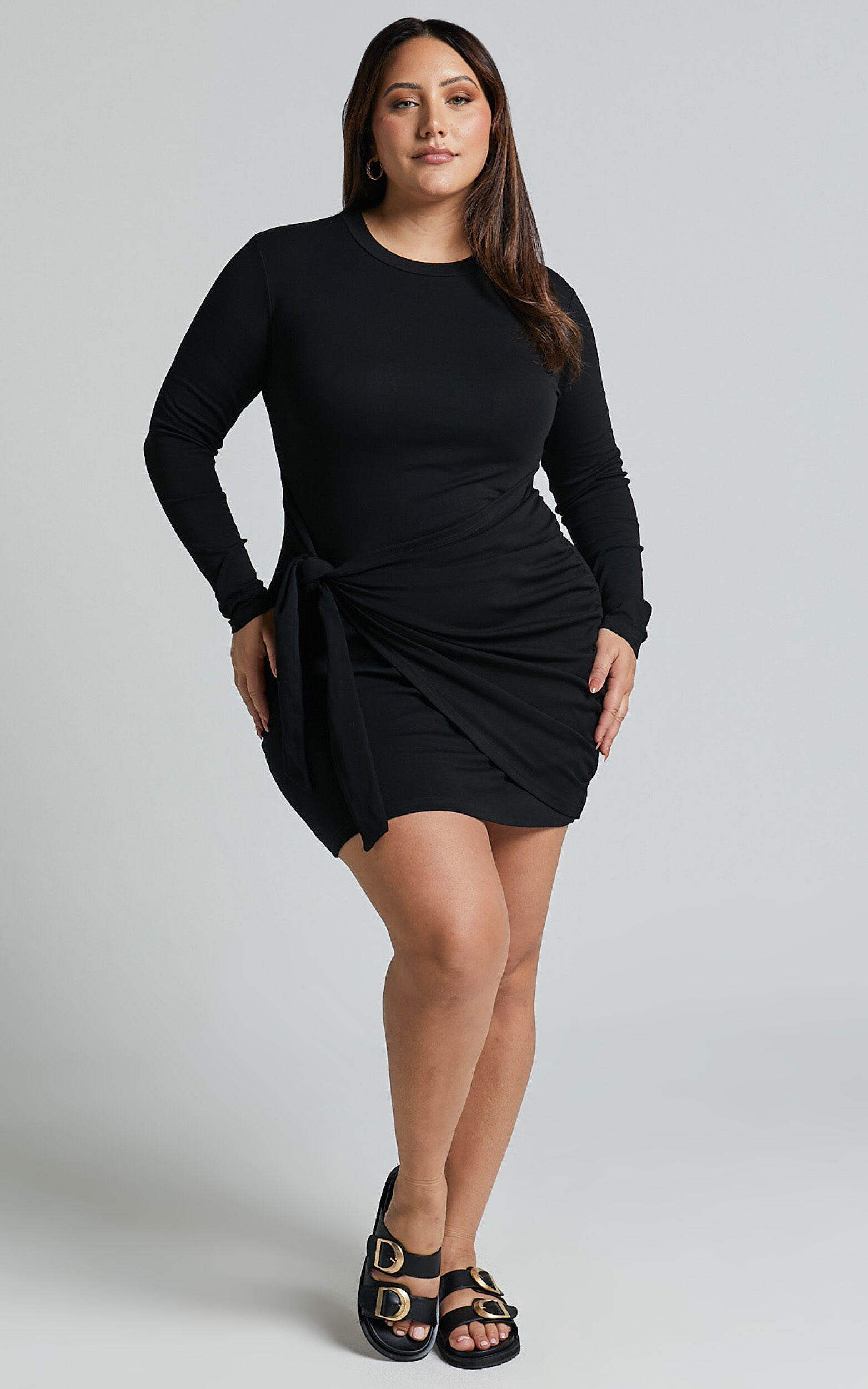 Marleen Mini Dress - Wrap Front Long Sleeve Bodycon Dress in Black | Showpo