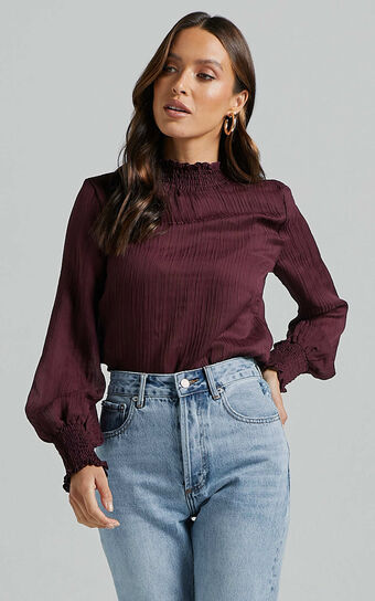 Kelsey Blouse - Shirred Long Sleeve Blouse in Plum