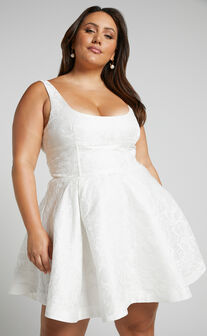 Stephane Mini Dress - Corset Scoop Neck Fit and Flare Dress in Ivory