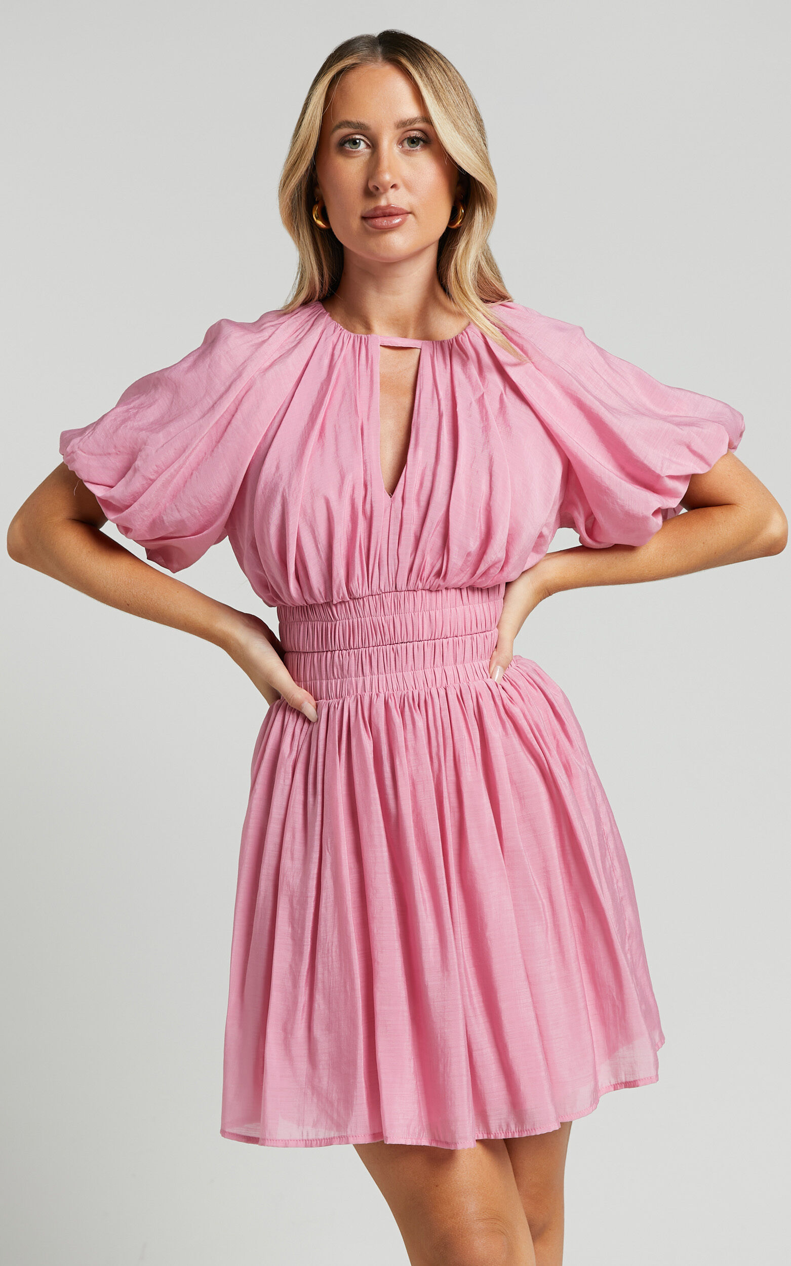 Michalka Mini Dress - Blouson Puff Sleeve Elasticised Waist in