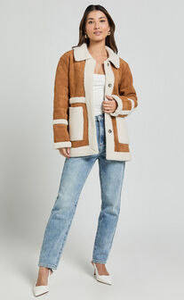 Shelley Coat - Faux Shearling Aviator Coat in Brown