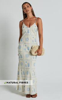 Zinnia Midi Dress - Strappy Linen Slip Dress in Beige/Blue Border Print