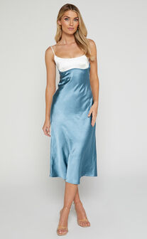 Shantelle Midi Dress - Satin Slip Contrast Bust Dress in Steel Blue