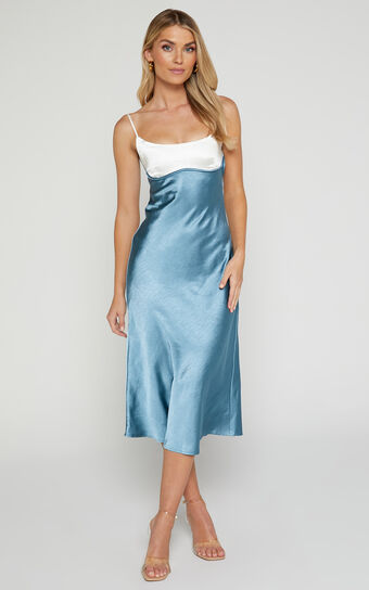 Shantelle Midi Dress - Satin Slip Contrast Bust Dress in Steel Blue
