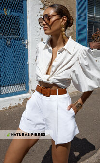 Amalie The Label - Noemie Linen Blend High Waisted Belted Tailored Shorts in White