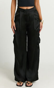 Amie Pants - High Waist Satin Tailored Cargo Pants in Black