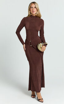 Maxime Maxi Dress - Long Sleeve Twist Front Dress in Chocolate