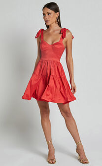 Wednesday Mini Dress - Tie Shoulder Bustier Tiered Dress in Red