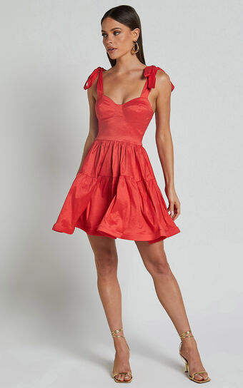 Wednesday Mini Dress - Tie Shoulder Bustier Tiered Dress in Red