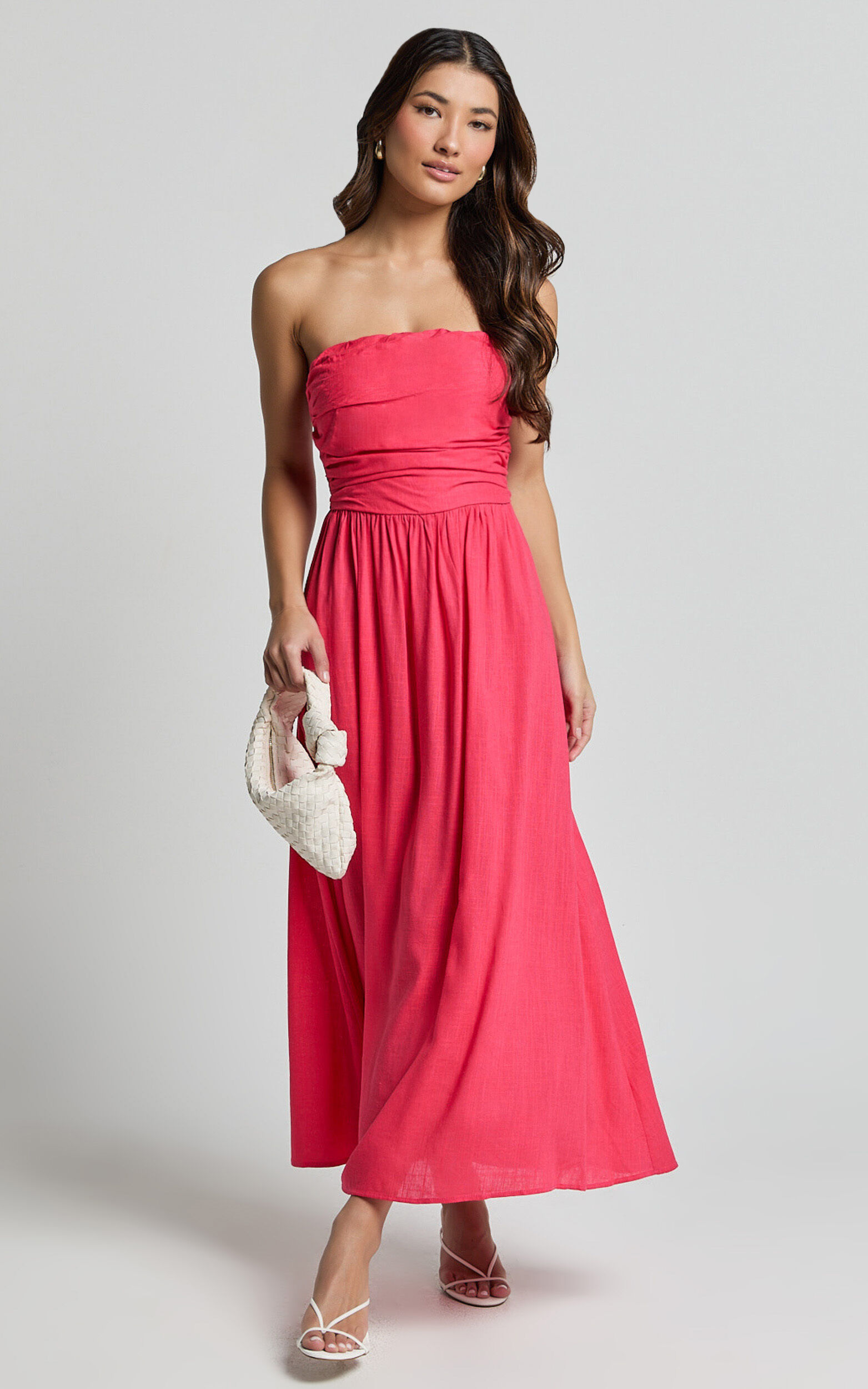 Polly Midi Dress - Strapless Ruched Dress in Lipstick Pink | Showpo