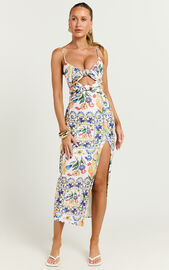 Janice Midi Dress - Knot Detail Front Split Dress in Positano Print ...