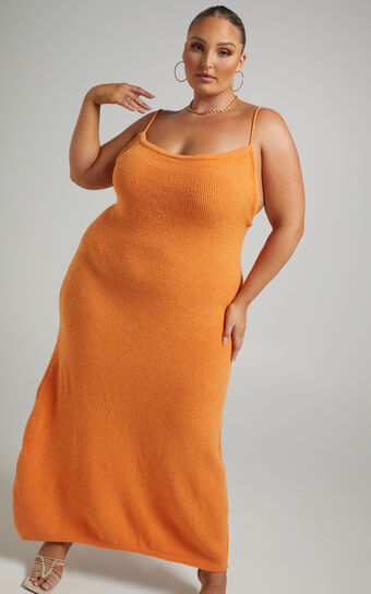 Yurika Midi Dress - Knit Open Back Dress in Orange