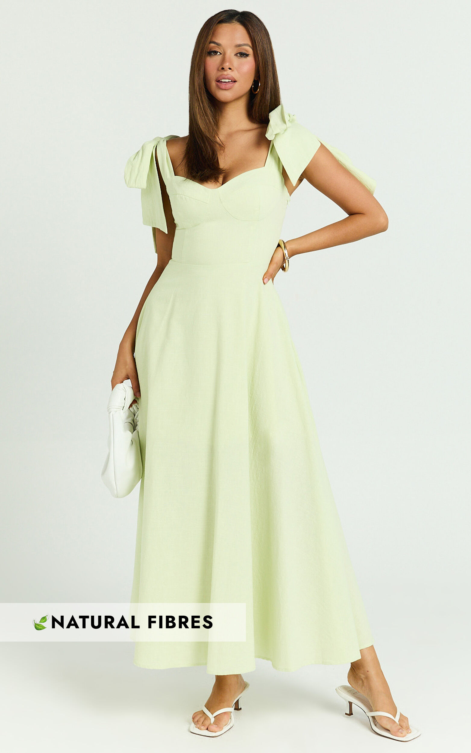Tymia Midi Dress - Shoulder Tie Bustier Shirred Back A Line in Celery - 06, GRN1