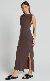 Jessenia Maxi Dress - Linen Look High Neck Dress in Chocolate