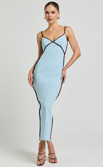 Ciara Midi Dress - V Neck Sleeveless Slip Dress in Blue