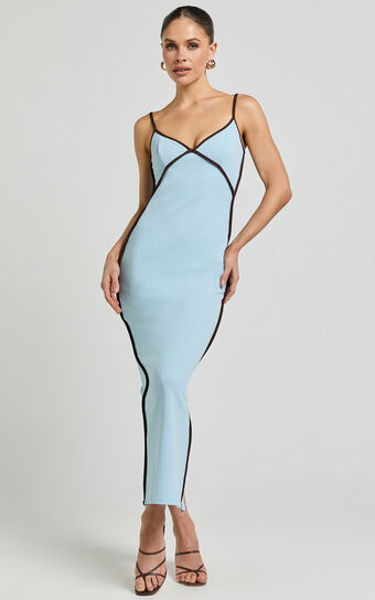 Ciara Midi Dress - V Neck Sleeveless Slip Dress in Blue