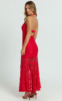 Hance Midi Dress - V-neck Lace Open Back Dress in Red