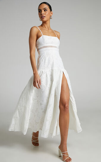 Isabel Midi Dress - Trim Detail Thigh Split Drop Waist Dress in White