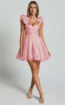 Amber Mini Dress - Sleeveless Ruffle Detail Sweetheart Pleated Dress in Pink