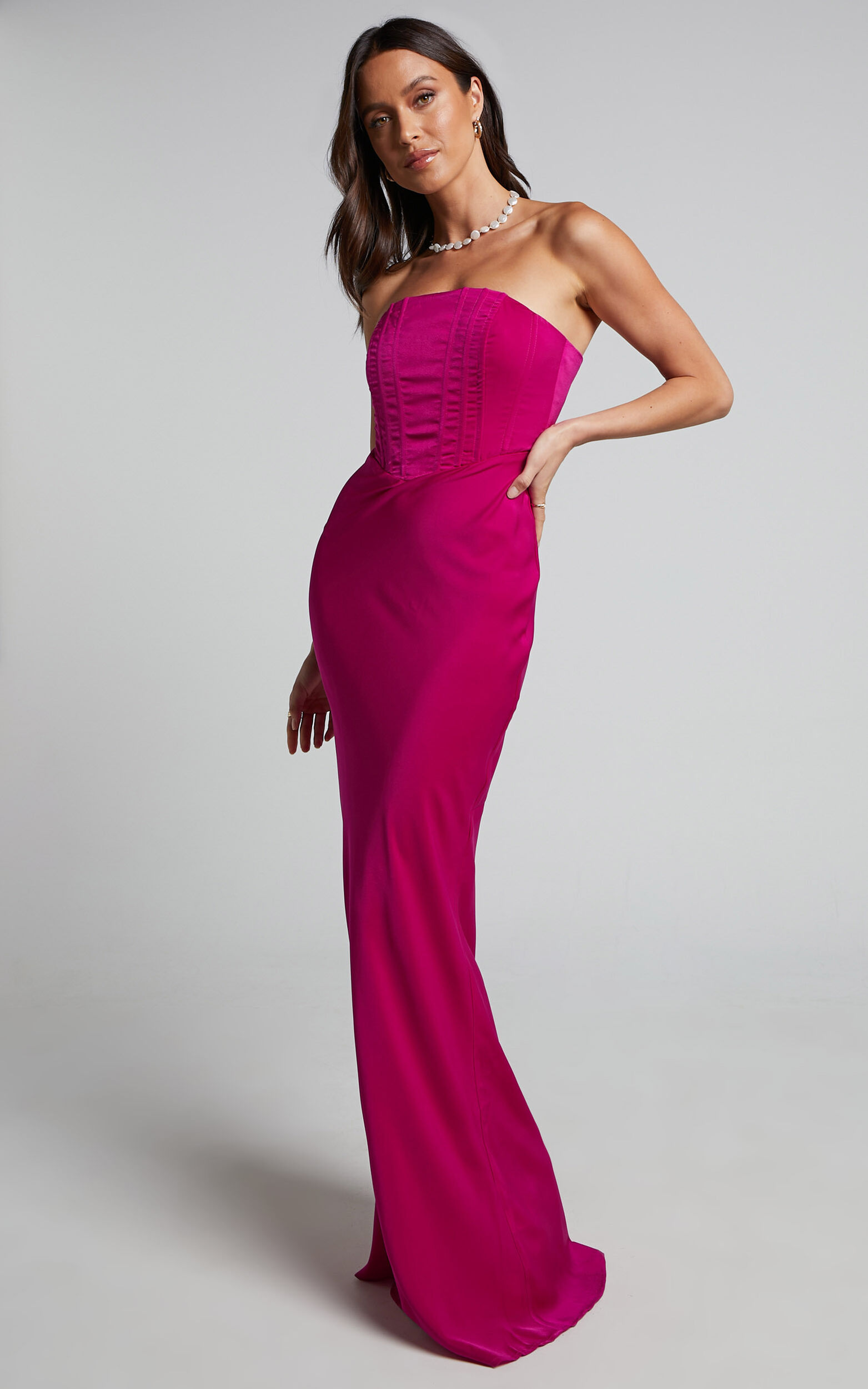 Scarlett Maxi Dress - Strapless Corset Satin Dress in Fuchsia - 04, PNK1