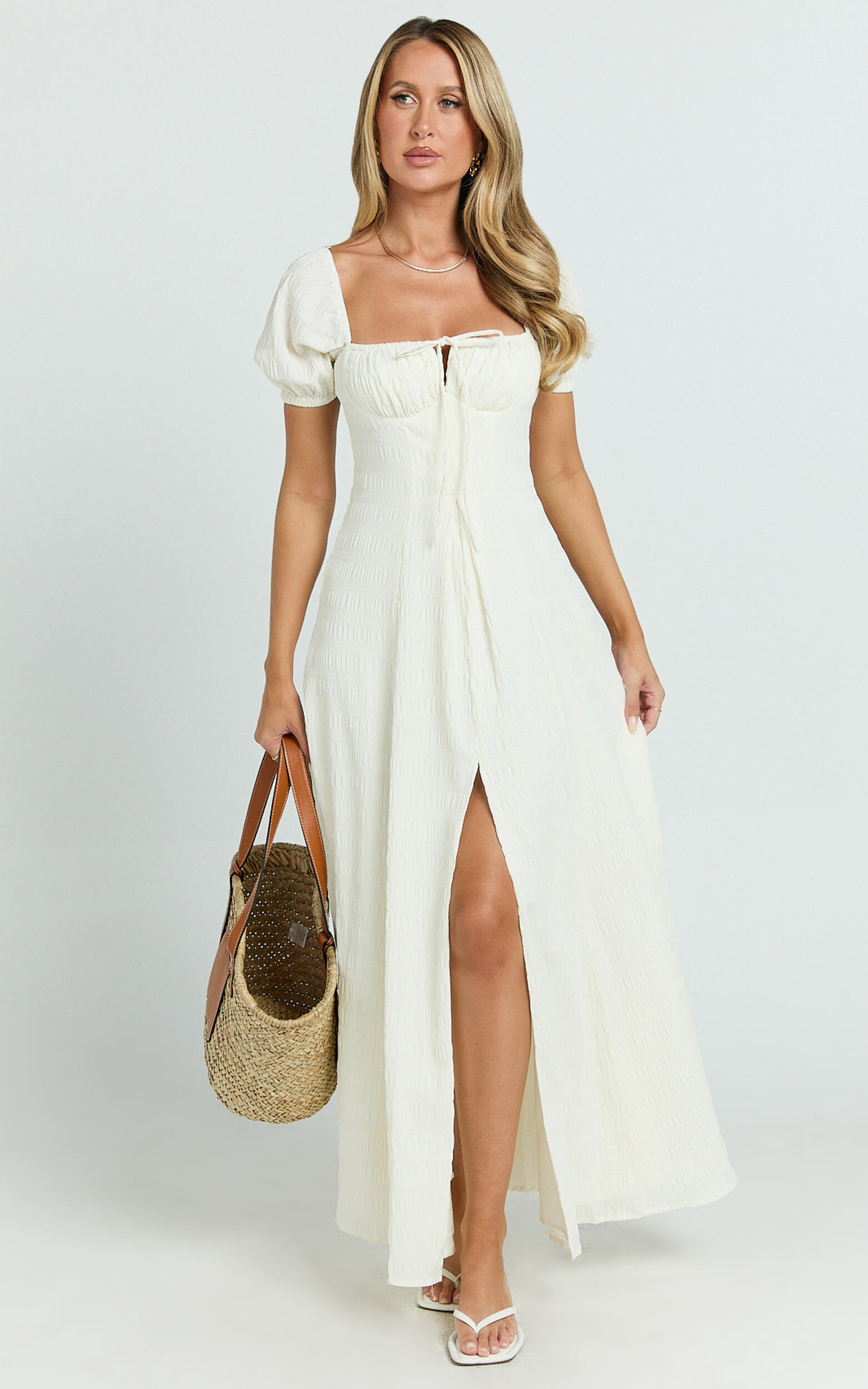 Joanne Maxi Dress - Ruched Bust Front Split Dress in Off White