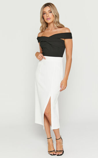 Etha Midi Skirt - High Waisted Split Pencil Skirt in White
