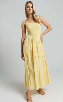 Zhibet Midi Dress - One Shoulder Tie Fit and Flare Dress in Yellow