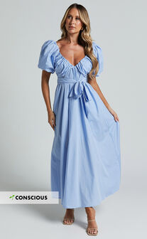 Corrie Midi Dress - Puff Sleeve V Neck Tie Front Flare Dress in Blue