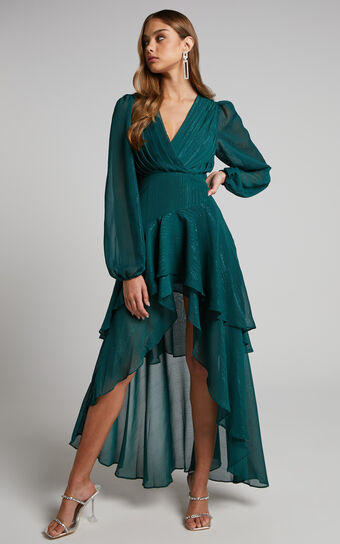 Claudita Midi Dress - Long Sleeve High Low Hem Dress in Emerald