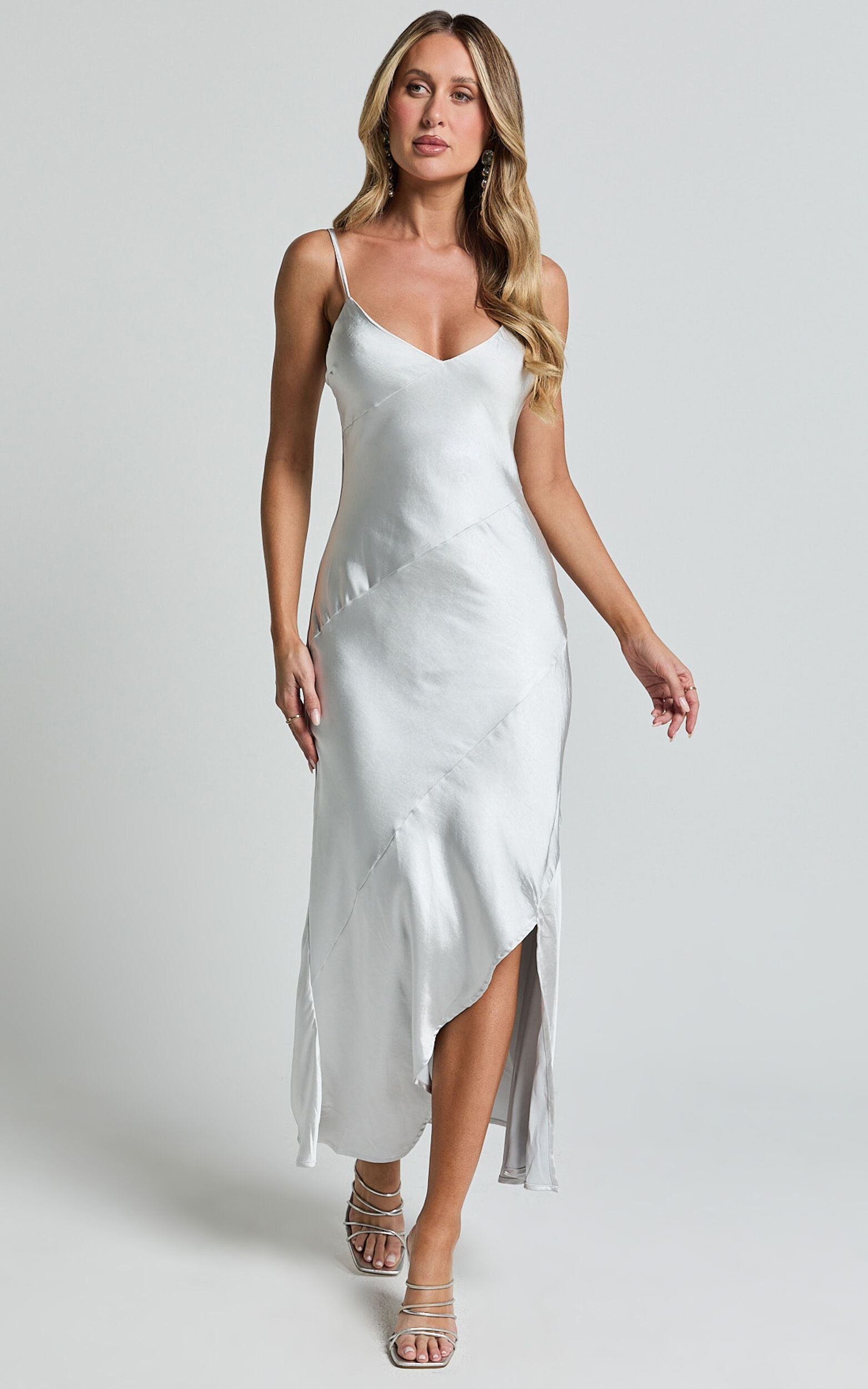 Ylona Maxi Dress Asymmetric Draped Bias Cut Satin Slip Dress in Oyster