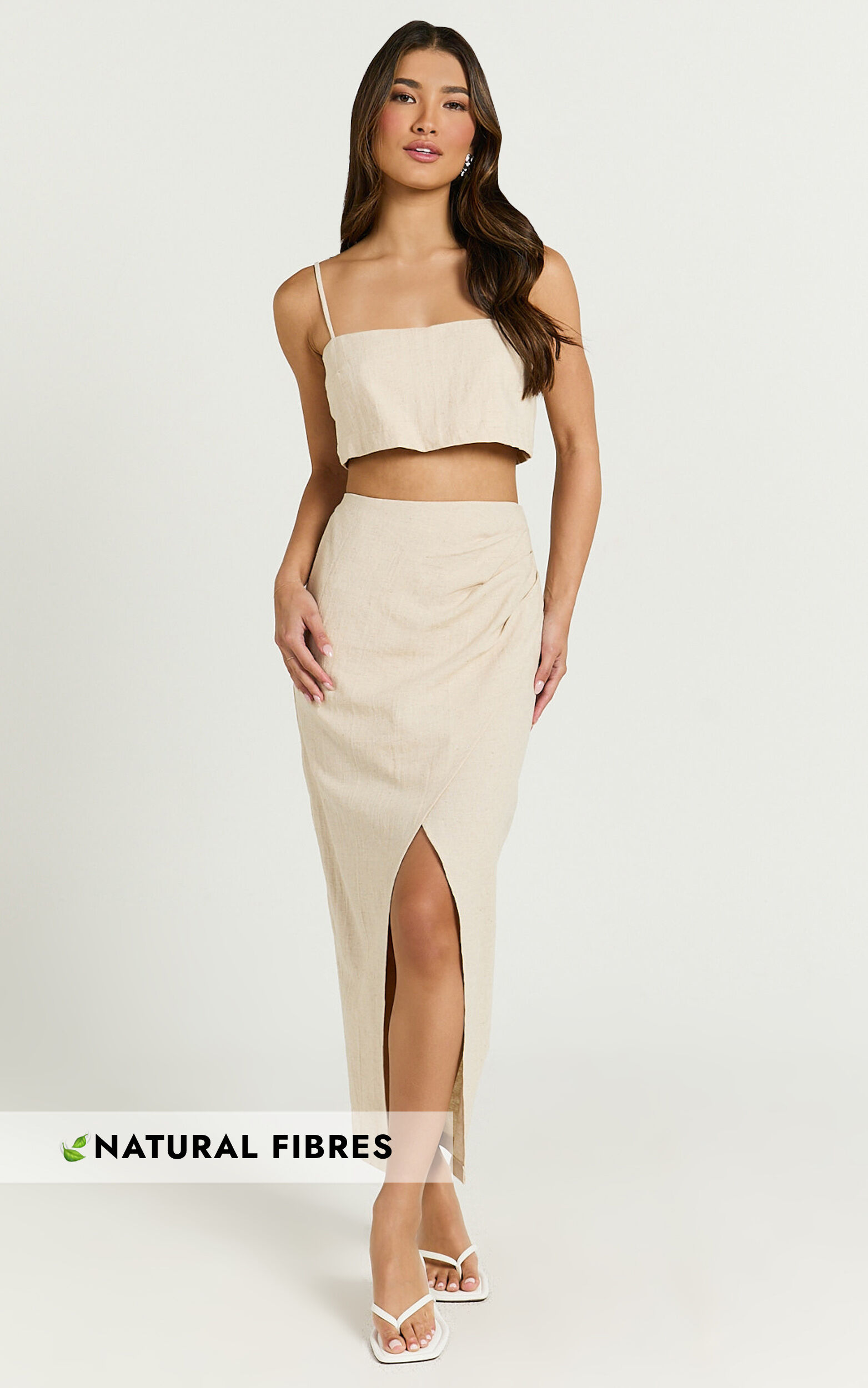 Sabrina Two Piece Set - Linen Straight Neck Crop Top and Wrap Front Split Skirt in Natural - 06, NEU1
