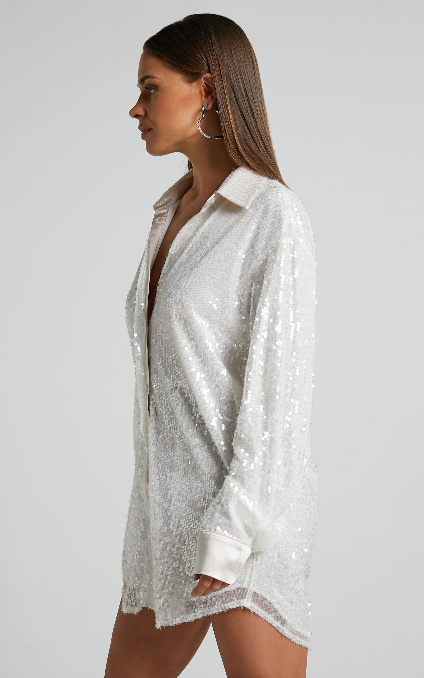 White sequin shirt dress store
