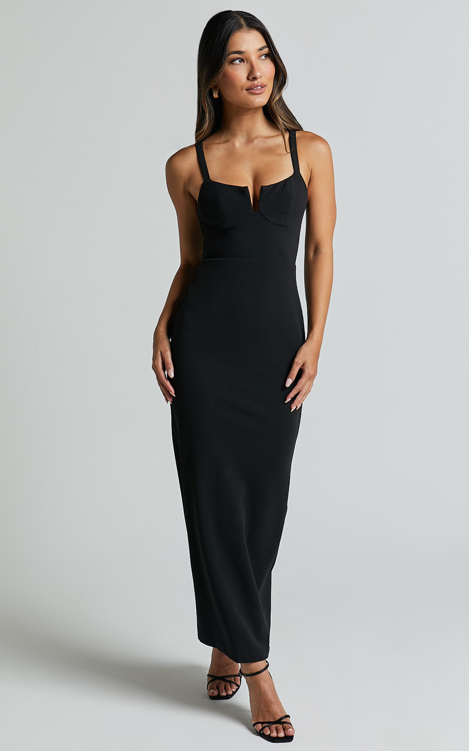 Evie Midi Dress Strappy U Bar Sleeveless Dress in Black Showpo USA
