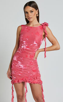 Cardi Mini Dress - Rosette Detail Devore Ruffle Hem Mini Dress in Pink Burnout