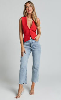 Charla Top - Tailored Button Through Vest in Red