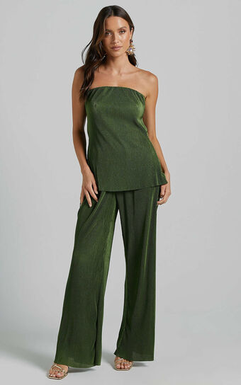 Ceryn Two Piece Set - Pleated Strapless Cowl Back Top and Pants in Green