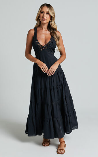 Landon Midi Dress - Deep V Neck Tiered Dress in Black