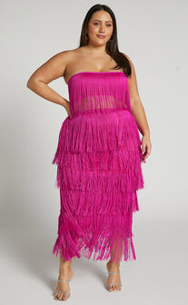 Amalee Two Piece Set - Fringe Strapless Crop Top and Midi Skirt Set in Pink