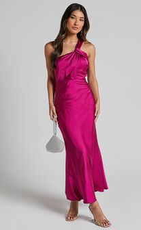 Carmella Midi Dress - One Shoulder Twist Detail Dress in Grape