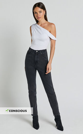 Billie Jeans High Waisted Recycled Cotton Mom Denim in Washed Black Showpo