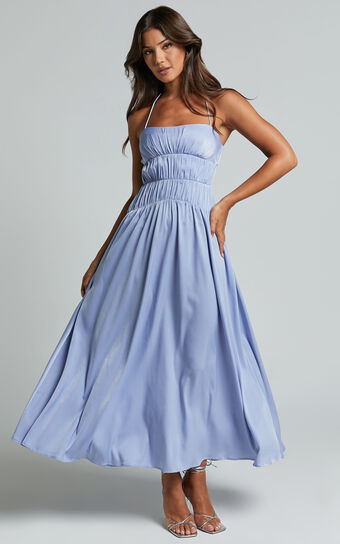 Callie Midi Dress - Satin Gathered Bust Detail Dress in Blue